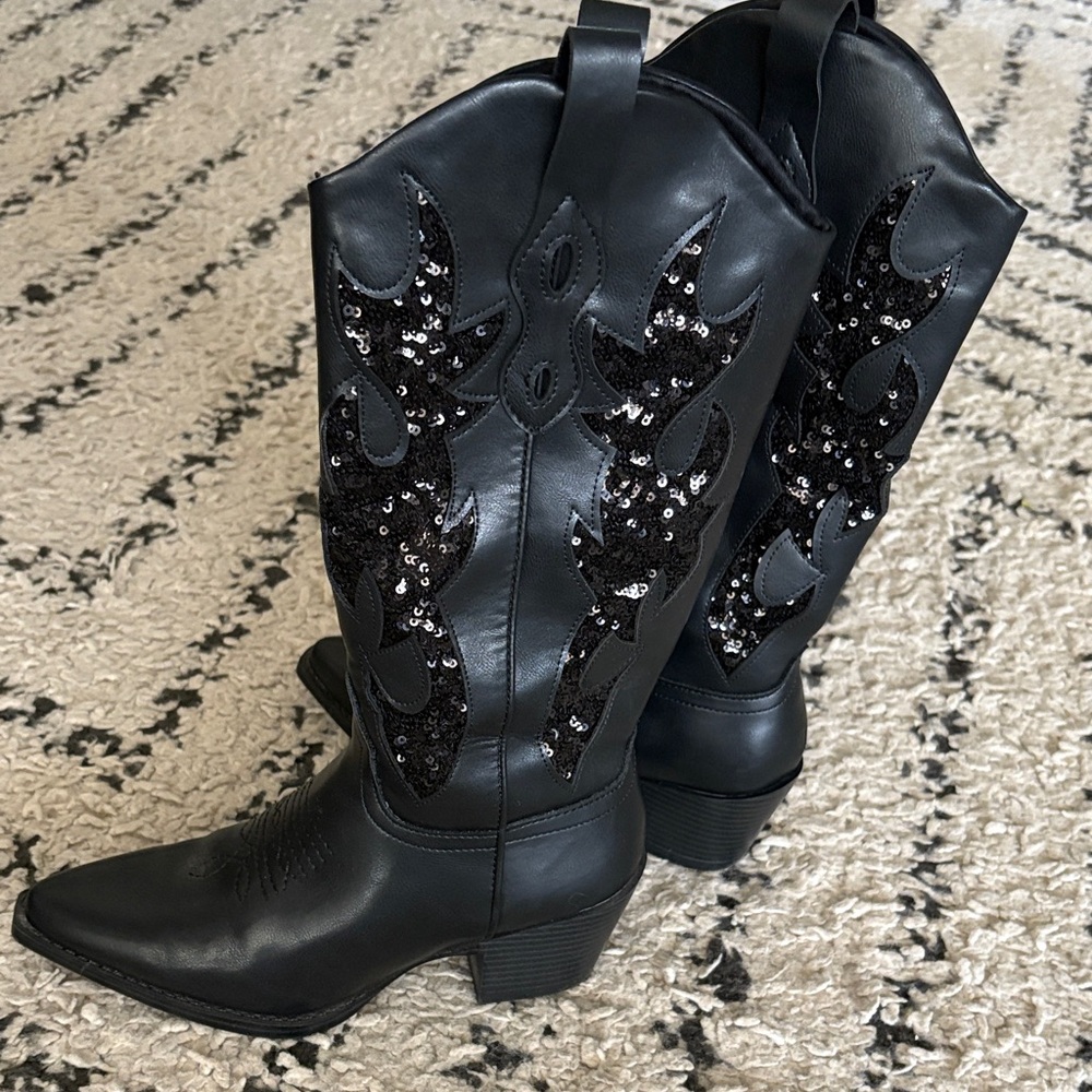 Black Sequin Embellished Women's Cowboy Boots